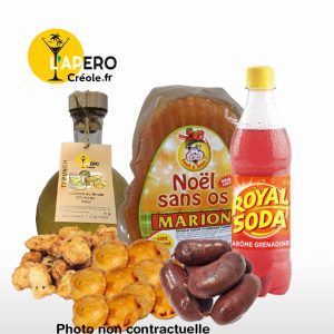 Coffret Repas de Noël Antillais 4 personnes (ti'punch, accras, boudins, pâtés, jambon 1,5kg, royal soda grenadine)