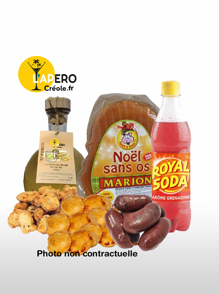 Coffret Repas de Noël Antillais 4 personnes (ti'punch, accras, boudins, pâtés, jambon 1,5kg, royal soda grenadine)